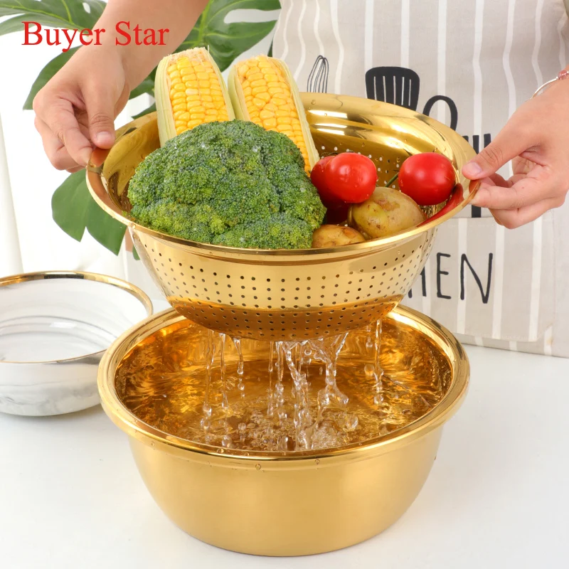 Manual Stainless Steel Strainer Rice Washing Basin Filter Gold Vegetable Grater Fruit Peeler Household Metal Kitchen Utensil set