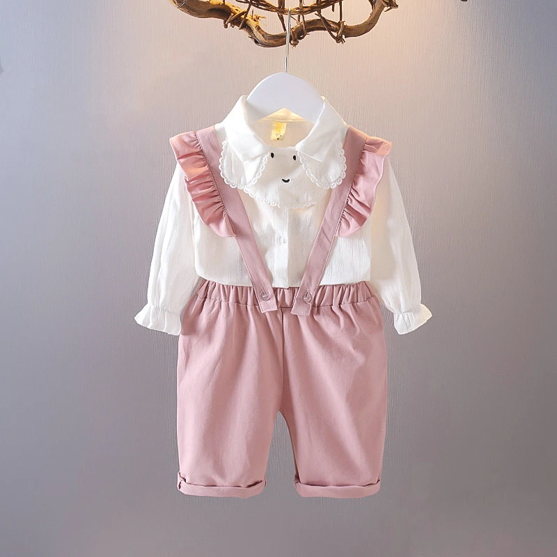 

Children Clothes Baby Girls Set Kids Fashion White Top+Overalls 2 Piece Toddler Sport Suit Autumn Spring For 0 1 2 3 4 5 Years