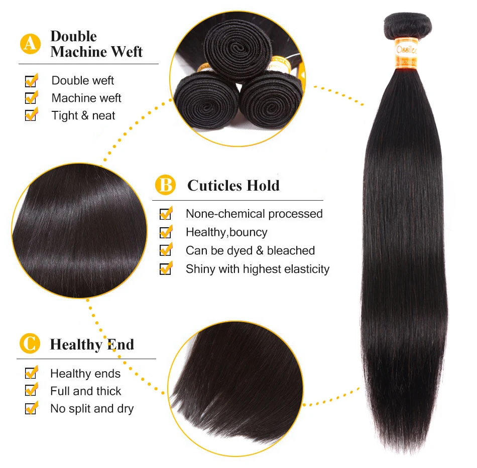 Ossilee Straight Human Hair Bundles Brazilian Hair Weave Bundles Remy Hair 8-26 Inches Natural Color Human Hair Extensions