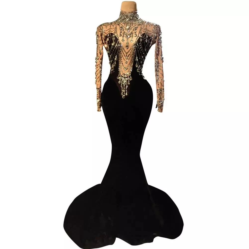 

Elegant Wedding Party Rhinestone Velvet Mermaid Dress Women Sexy Evening Long Dress Prom Crystal Trailing Dress Stage Costume