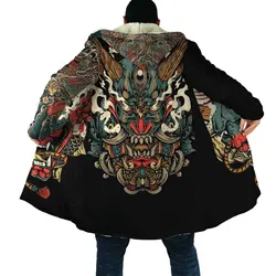 Drop Shipping ฤดูหนาว Mens Cloak ซามูไร Oni หน้ากาก Tattoo 3D พิมพ์ขนแกะ Hooded Cloak Unisex สบายๆหนา Warm Cape Coat PF31