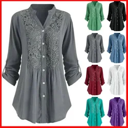 Women Solid Color Lace Splicing Single Breasted Casual Stand Collar Long Sleeves Loose Cotton Shirt Oversize Tunics