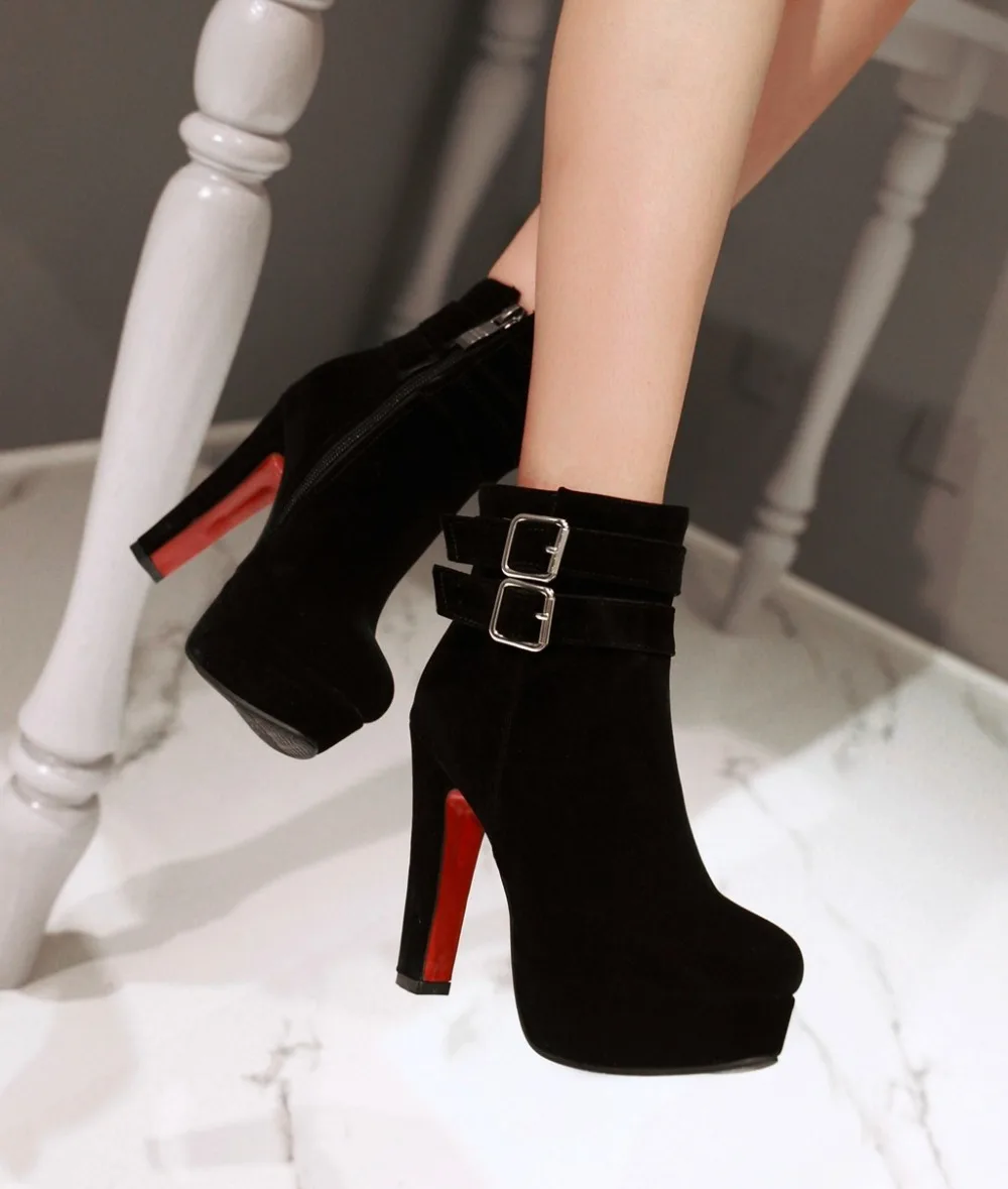 Lasyarrow Wholesale Ankle Boots Thick High Heels Women Boots Sexy Buckle Round Toe Platform Ladies Shoes Large Sizes 34-50