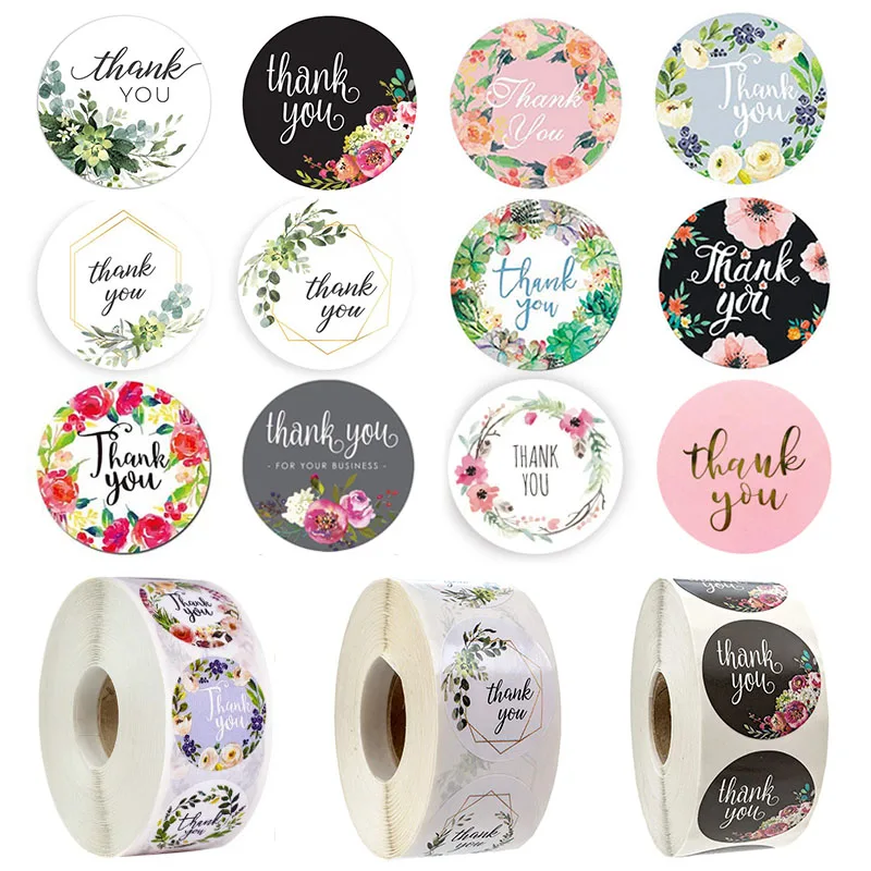 

500pcs/roll 2.5cm DIY Handmade With Love Label Wedding Adhesive Sticker Kraft Round Floral Seal Labels Thank You Sticker