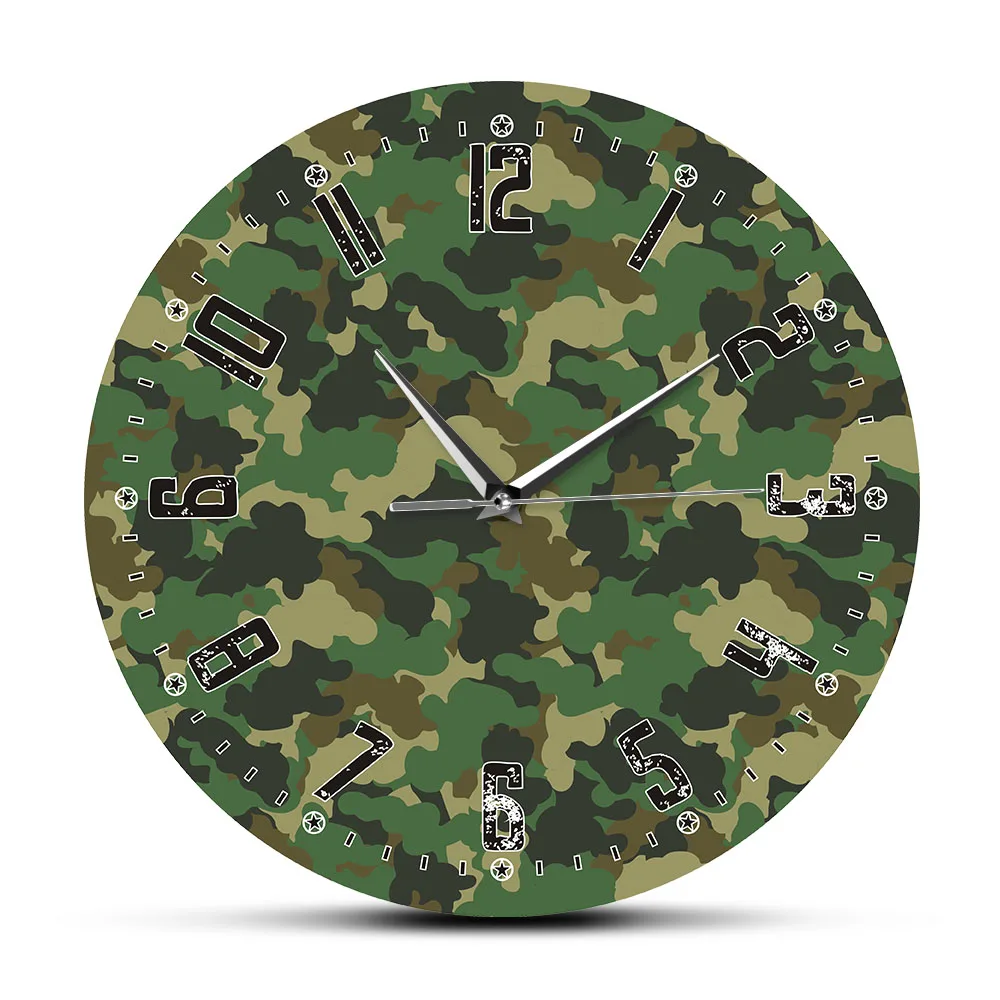 Army Soliders Green Camouflage Wall Art Modern Bedroom Silent Wall Clock Military Hanging Clock Wall Watch Man Cave Camo Decor