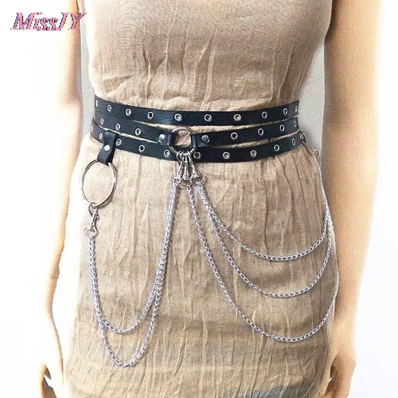 1Pc Unisex Female Leather Skirt Belts Punk Gothic Rock Harness Waist Metal Chain Body Bondage Hollow Belt Accessories For Lady