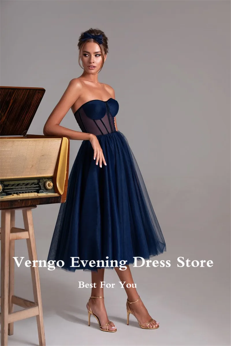 Verngo Dusty Roze/Lavendel/Navy Blue Een Line Tulle Korte Prom Dresses 2021 Sweetheart Uitbenen Corset Thee Lengte formele Partij Jassen