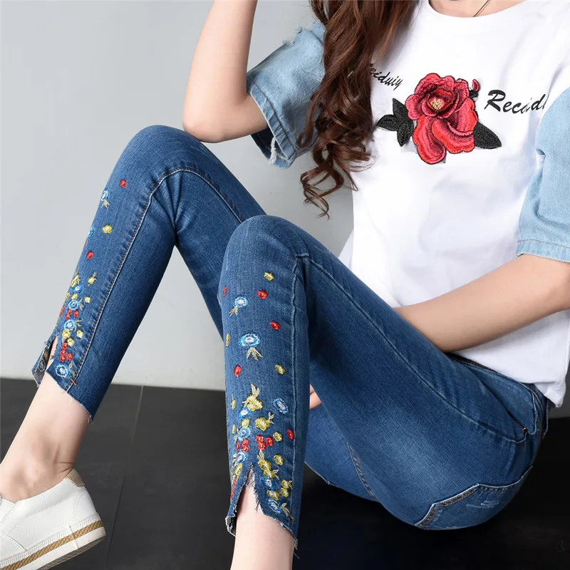 Women Flower Embroidery Pencil Pants 2020 Autumn High Waist Ankle-length Female Skinny Denim Trousers Casual Woman Jeans