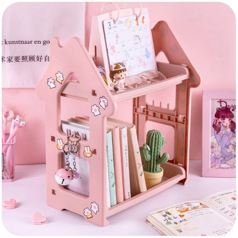 girl heart desktop shelf bookshelf cosmetic storage rack desk sorting debris storage rack kawaii supplies stationery organizer