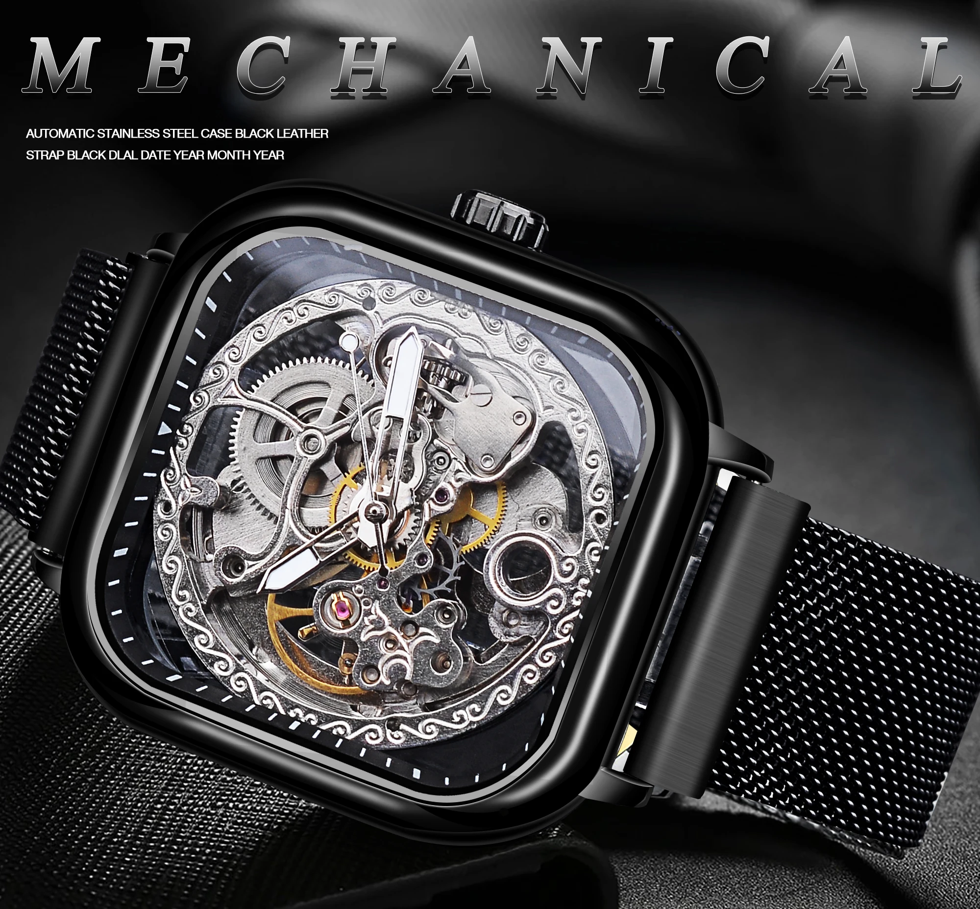 Forsining Skeleton Men Mechanical Wristwatches Square Transparent Mens Watch Black Steel Automatic Watches Relogio Masculino