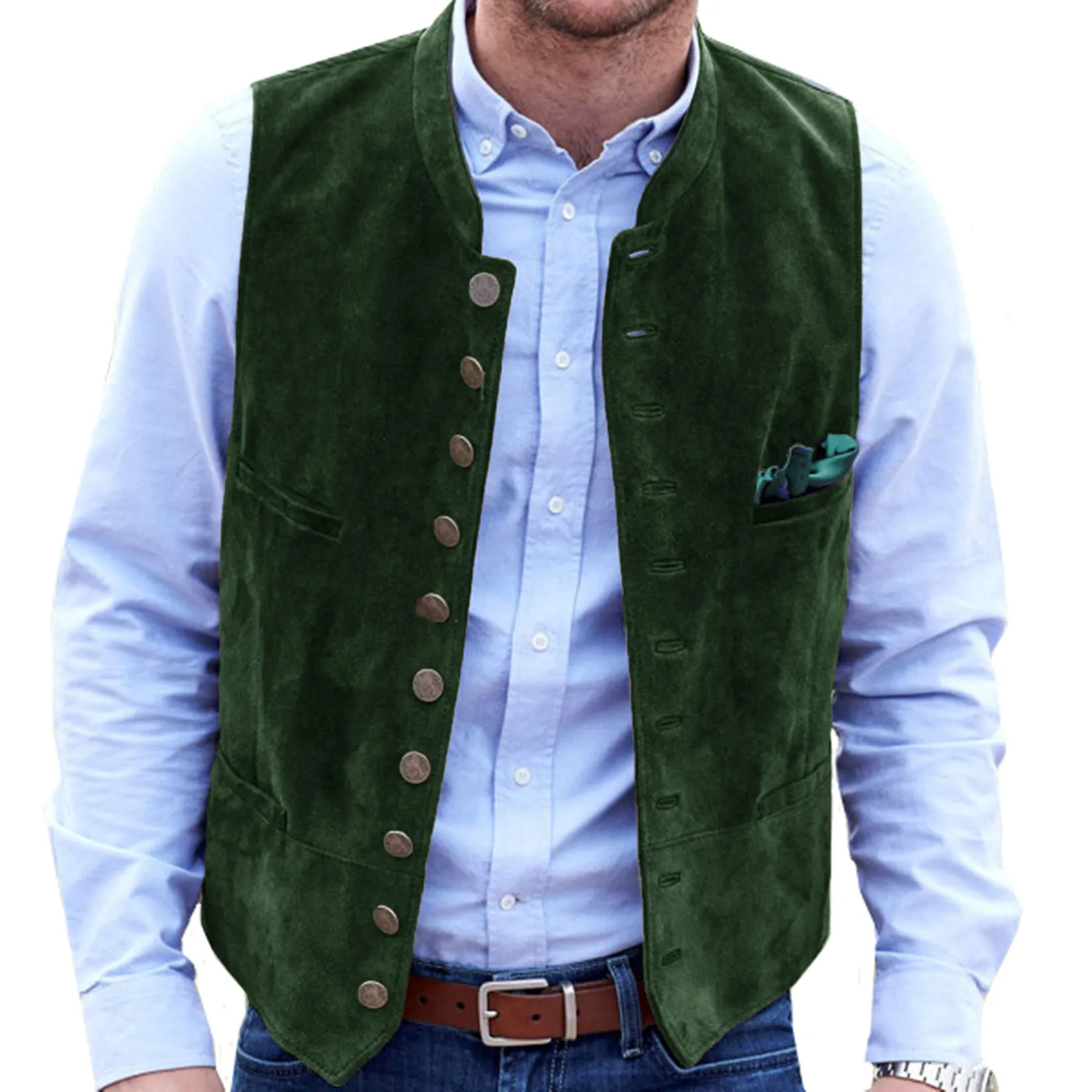 Men\'s Vest Suede Suit Vest Casual Steampunk Style Waistcoat Round Neck Single Breasted Sleeveless