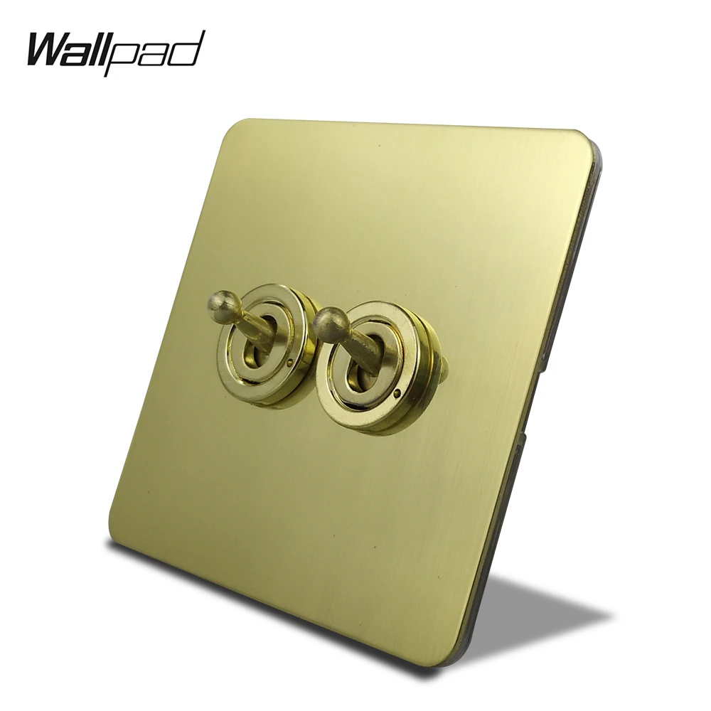 

Wallpad H6 Satin Gold 2 Way Brushed Brass Color Stainless Steel Panel 2 Gang Toggle Switch Electric Light Switch