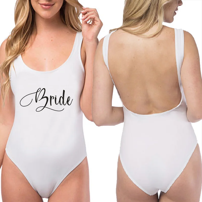 Bride Bridesmaid Wedding Party One- Piece Swimsuit Women Backless  Monokini Bathing Suit