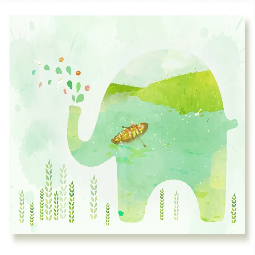 Custom wallpaper large mural fresh green cartoon elephant watercolor boat children's room background wall wall covering