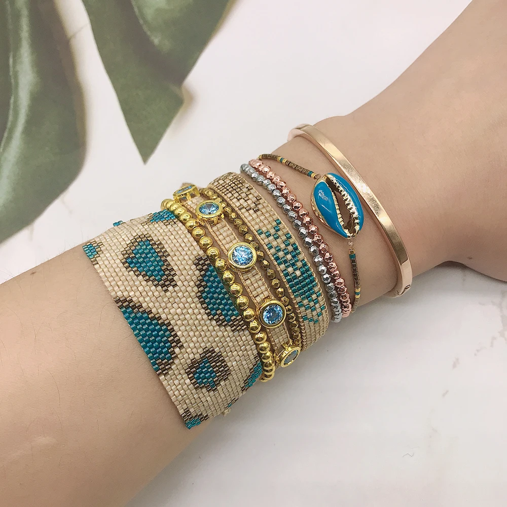 BLUESTAR Frauen Pulseras Mujer 6 stücke ein satz Blau Kristall Bangle Handmade Blau Leopard Korn Böhmischen MIYUKI Shell Armbänder