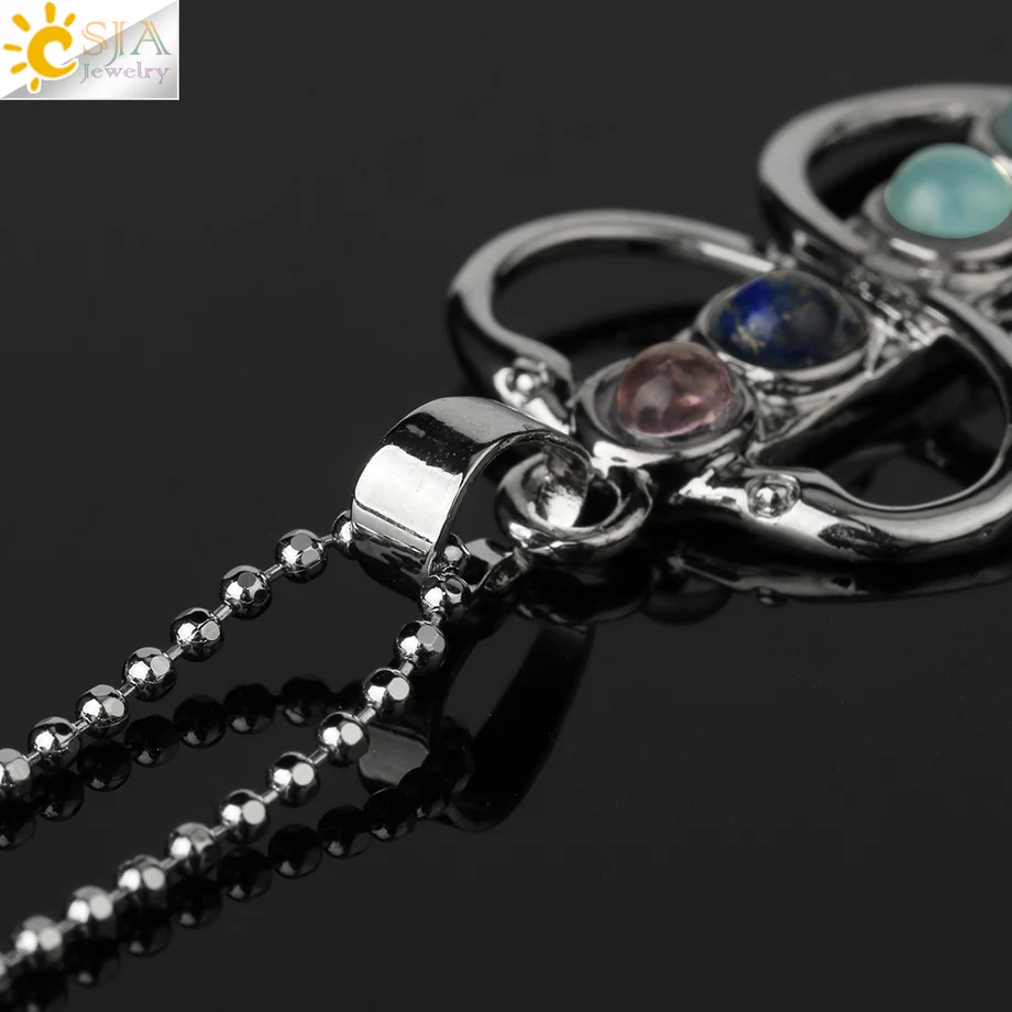 CSJA Stone Beads Pendant Necklace Yoga Symbol Inlaid Reiki Energy Stone Healing Point 7 Chakra Charm Pendant Necklace E039