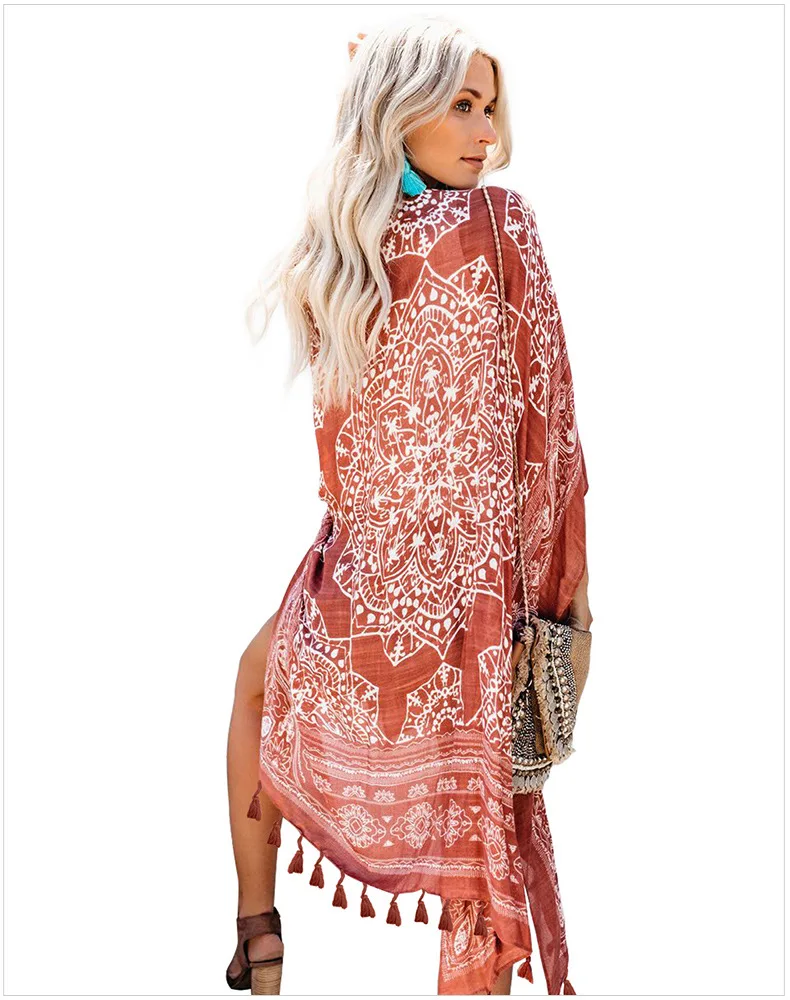 TEELYNN z etnicznym kwiatowym nadrukiem długa bluzka boho bikini na plażę coverup damska suknia fringe tunika letni kardigan swim kimono cover up