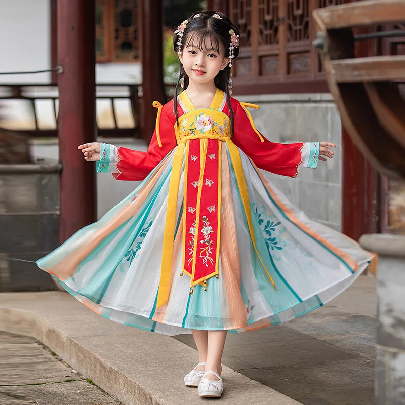 Crianças nova chiffon manga longa tang terno crianças tradicional bordado antigo hanfu meninas chinês adorável realizar trajes