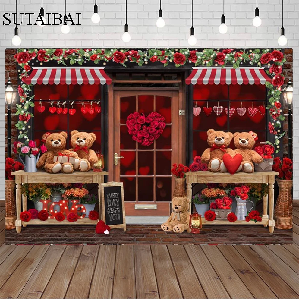 Valentine's Store Photo Backdrop Cute Bear Red Rose Bridal Shower Wedding Couple Engagement Anniversary Banner Decor Photoshoot