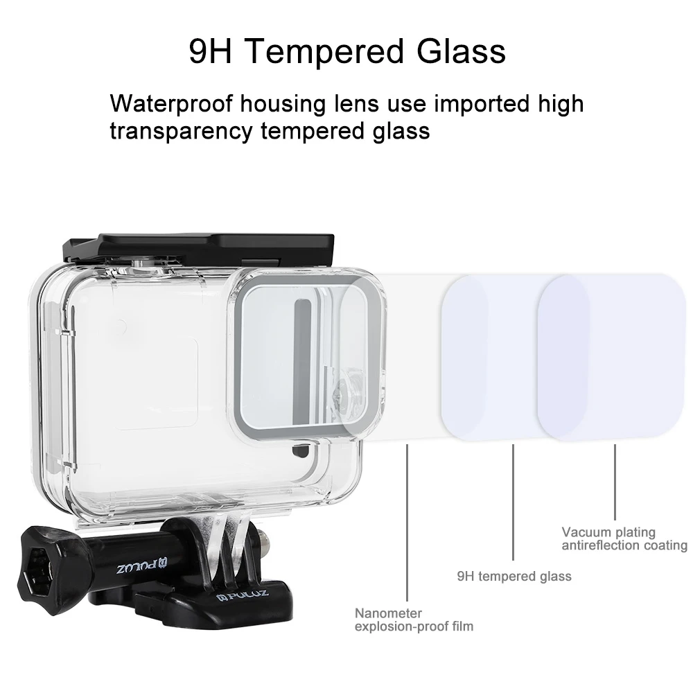 Puluz เคสกันน้ำลึก60ม. สำหรับดำน้ำลึกใต้น้ำปลอกหุ้มสำหรับ GoPro กล้องสีดำ HERO8