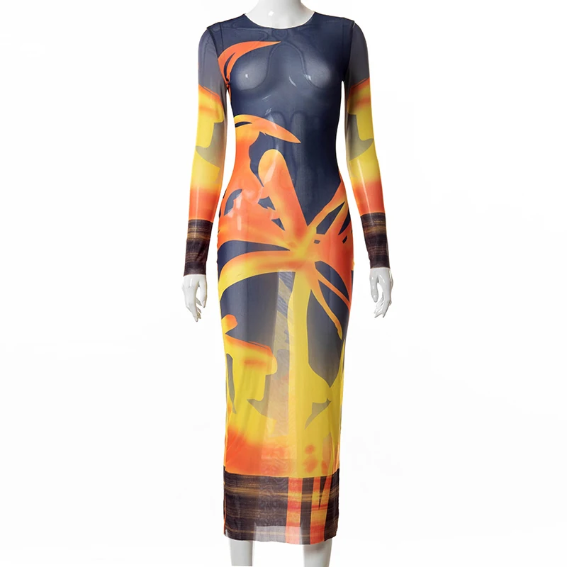 Mesh Print przepuszczalność Sexy Maxi sukienki dla kobiet z długim rękawem 2023 moda Clubwear długa sukienka na imprezę Bodycon Skinny