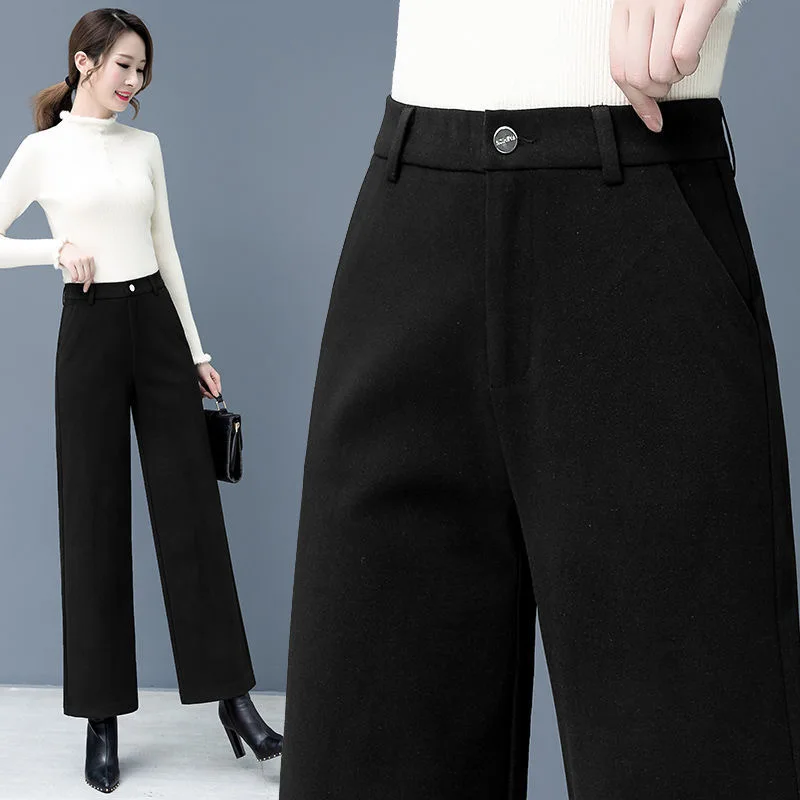 Fall Winter Office Woolen Wide Leg Pants Women Casual High Waist Thicken Pantalones New Wool Blend Warm Straight OL Sweatpants