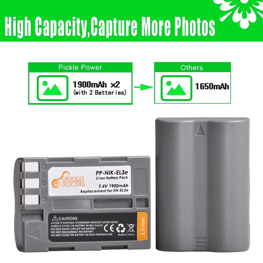 Pickle Power 1900mAh Battery EN-EL3E EN EL3 LED USB Dual Charger for Nikon D50,D70,D70s,D80,D90,D100,D200,D300,D300S,D700