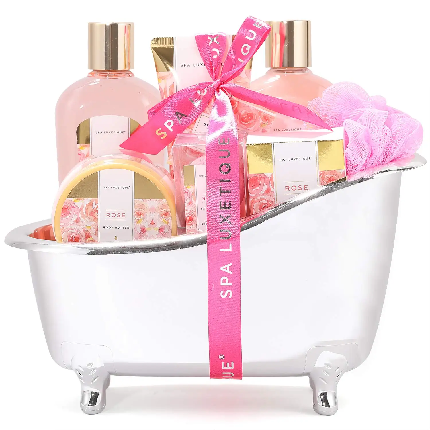 8pcs Women Spa Gift Basket in Rose Scent, Body & Bath Set with Bubble Bath, Body Lotion, Bath Bombs, Body Butter