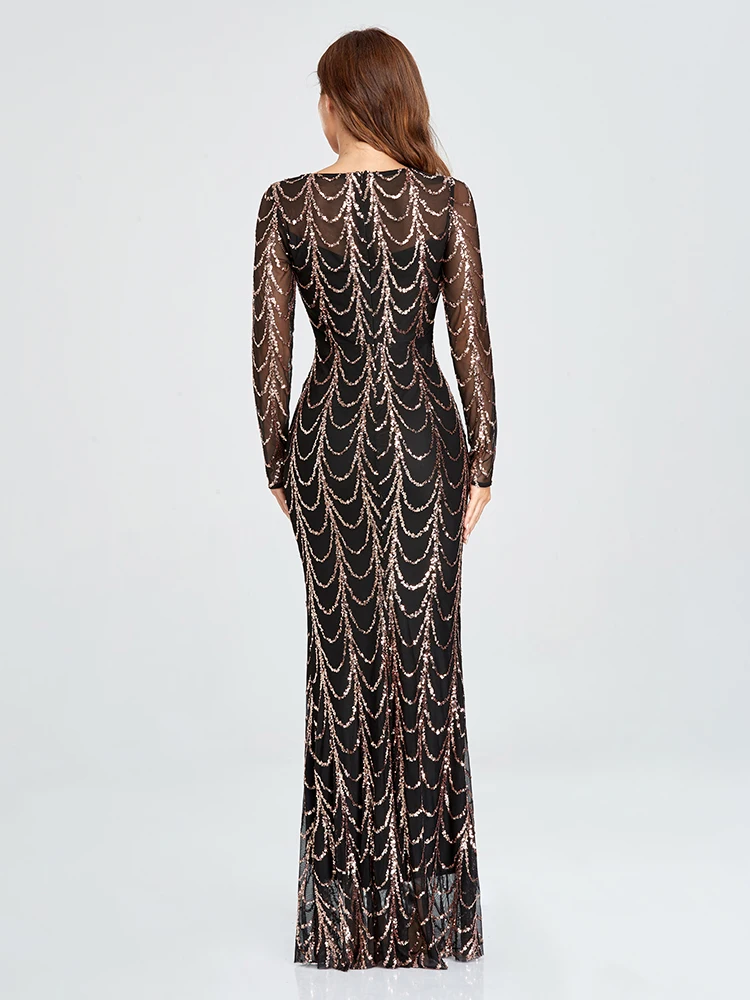2023 preto ouro novo vestido de noite rosa o pescoço manga cheia sereia lantejoulas tule até o chão vestido de festa vestido formal feminino
