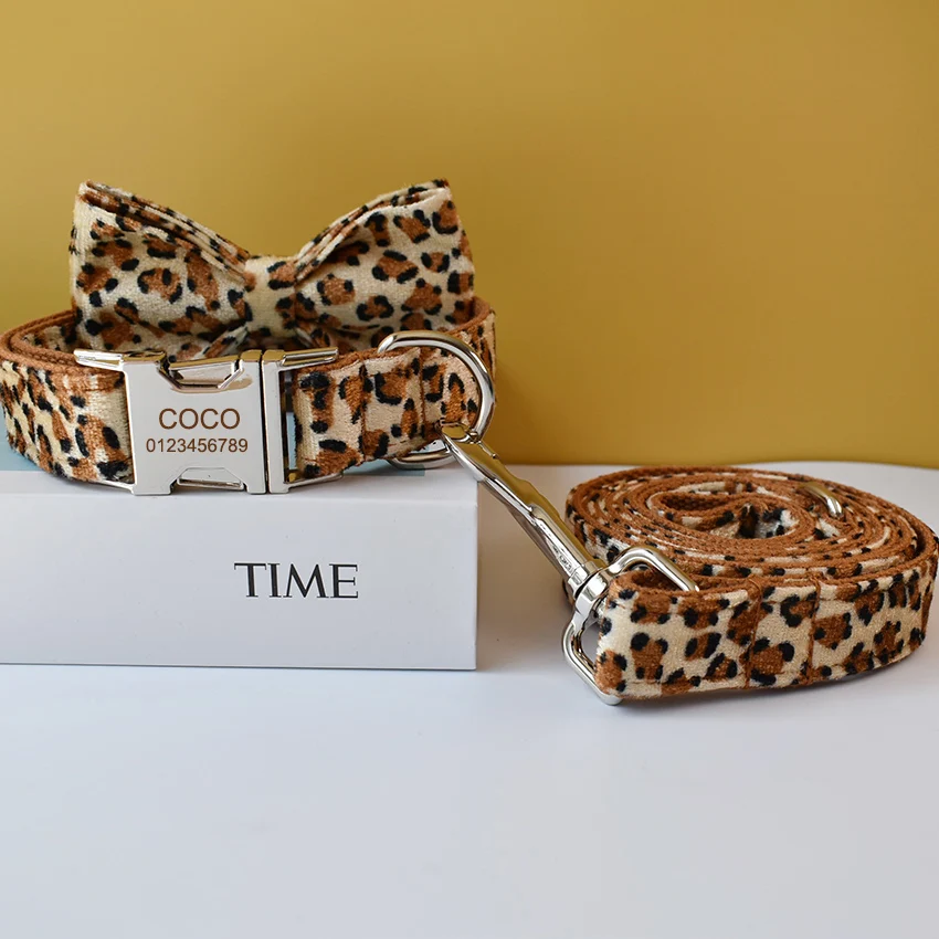 Leopard Print Bow Tie Dog Collar For Small Medium Large Dogs Custom Collars Engraved Nameplate Pet Supplies Necklace Animal 01