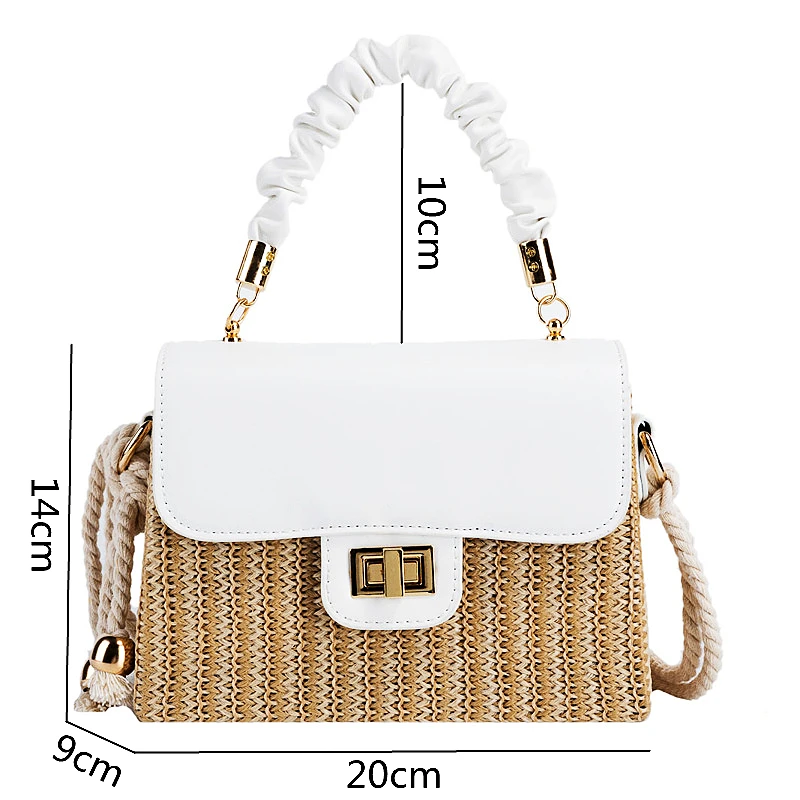 Straw Beach Bag for Women 2021 Summer Pleated Handle Luxury Designer Bag Contrast Color Crossbody Purse and Handbag Lady Bolsos