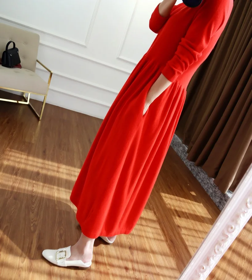 2021 Autumn And Winter New V-Neck100% Wool  dress female Temperament Long Paragraph OverThe Knee Big Dress Long Girl Clothes