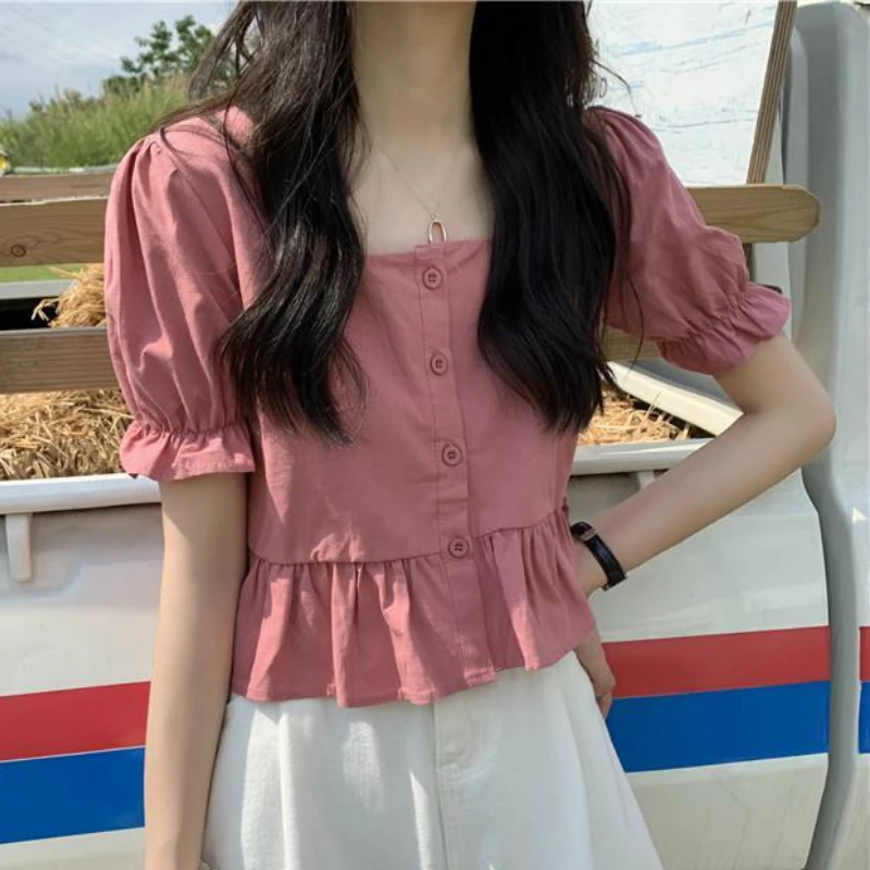 Blouses Women Lovely Ruffles Hem Ulzzang Puff Sleeve Design Ladies Crop Top Trendy Square Collar Holiday All-match Girls Blouse