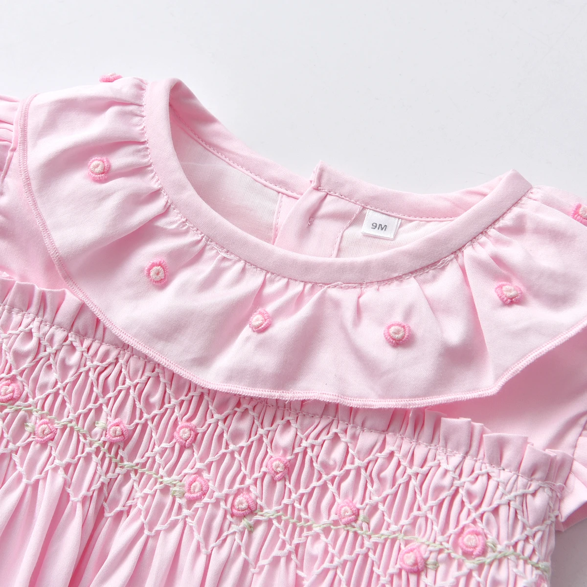 Mamelucos ahumados hechos a mano para bebé, ropa de algodón con burbujas rosas y flores bordadas, novedad