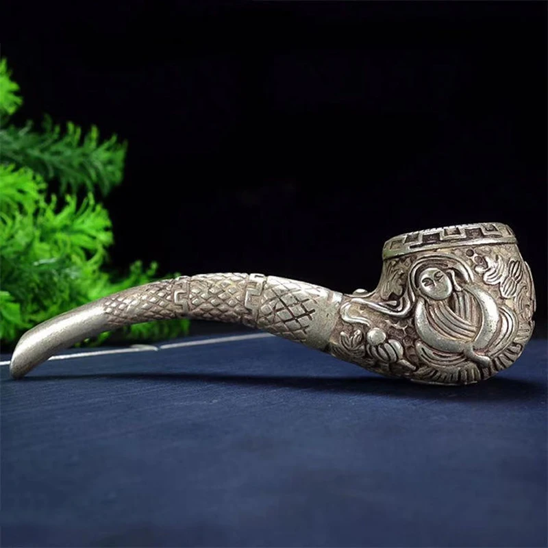 Exquisite Chinese Vintage Handmade Brass White Copper Carved Buddha/Eight Immortals Tobacco Pipe Men\'s Pipe