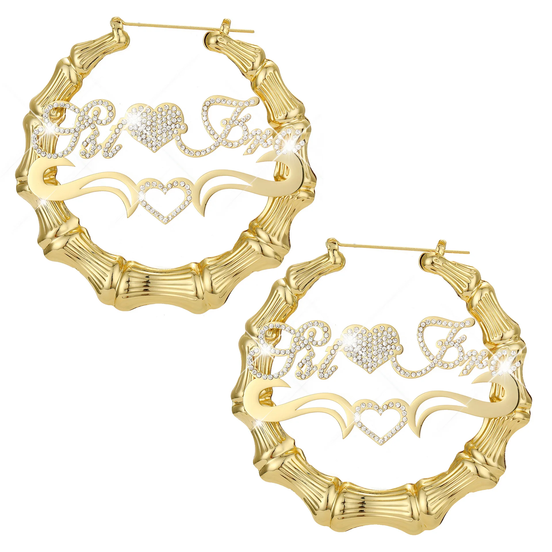 Customized Name Earrings With Diamond Heart Name Hoop Earring Personalised Letter Stainless Steel Circle Bling Name Earrings