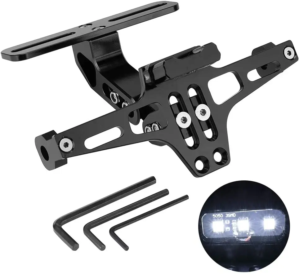 1 PCS Universal Motorcycle Rear License Motorcycle Rear License Plate Mount Holder with White LED Light  Aluminum Black