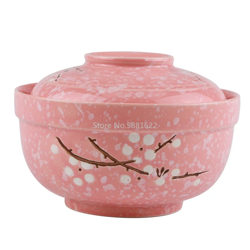 6.5 Inch Japanese Creative Hand-painted Ceramic Tableware Cover Bowl Household Instant Noodle Bowl Insulated Soup Bowl with Lid