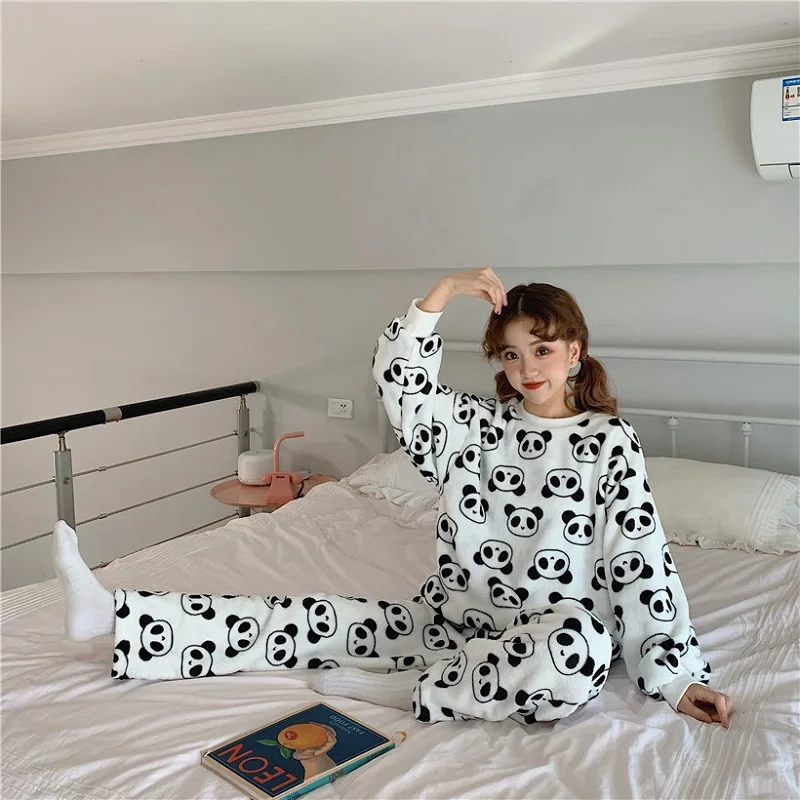 Autumn Winter Women Sweet Pajama Sets Long Sleeve Top and Pants Panda Print Cute Coral Fleece Warm Sleepwear Girly Soft Pyjamas