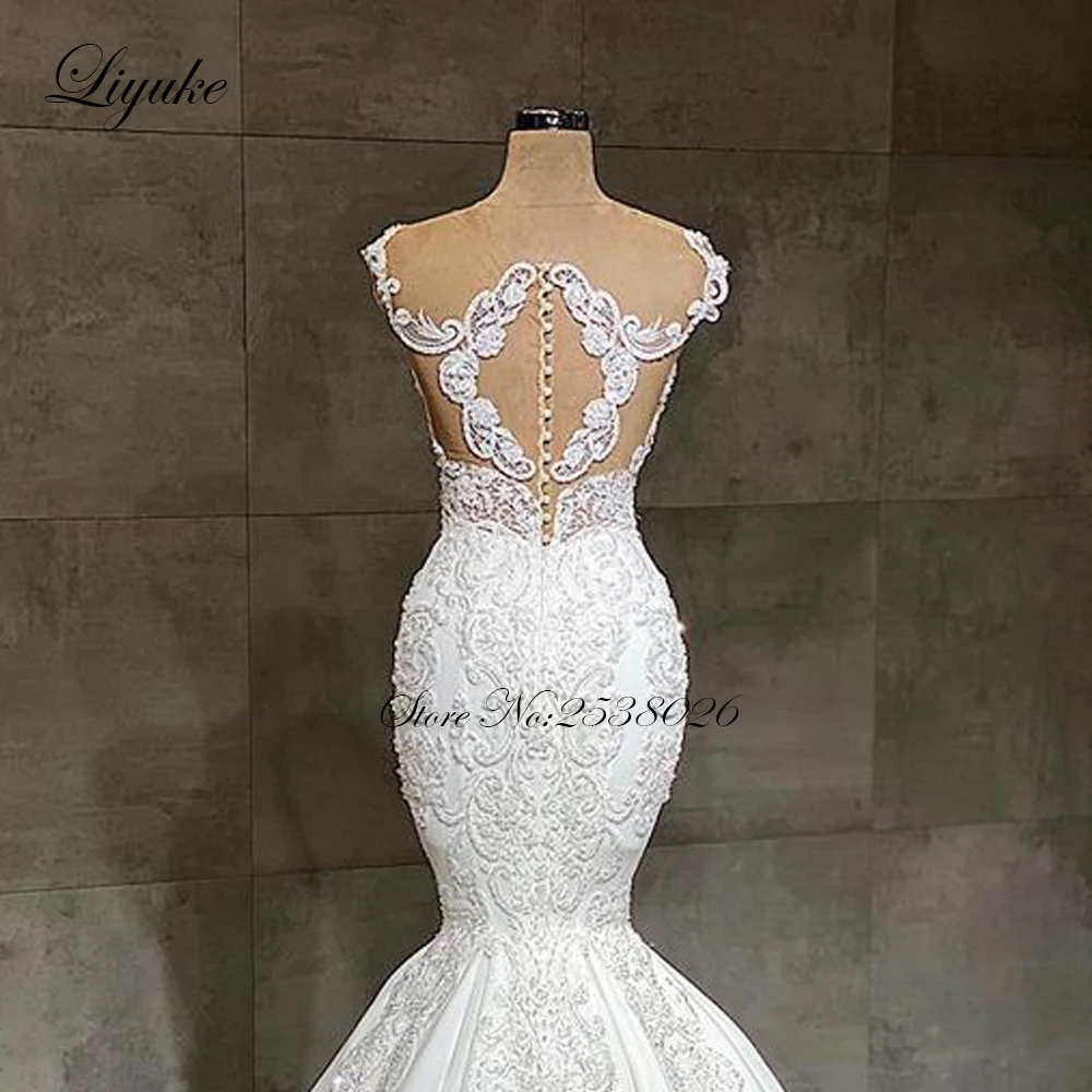 Liyuke Prachtige Steentjes Mermaid Wedding Dress 100% Echte Foto Mouwloze Bruid Jurk Spaghetti Band