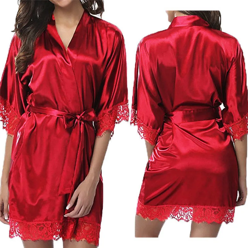 

Sexy Lingerie Transparan Summer Sexy Women's Ladies Bride Robes Kimono Robe Satin Silk Lace Night Wear Gown Sleepwear