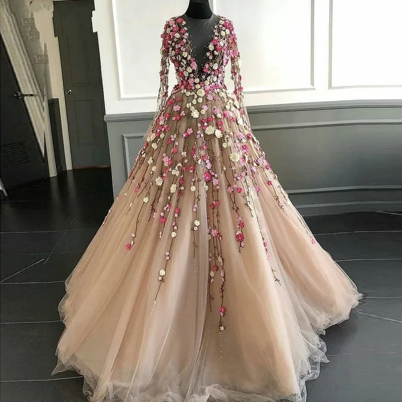 Dubai Avondjurken Robe De Soiree Abiye Bloemen Tulle V-hals Elegante Jurk Party Avondjurken Lange Mouwen Abendkleider