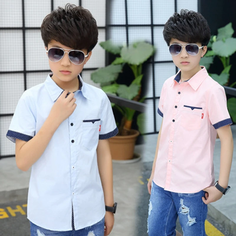 School Boys Shirts Short Sleeve Blouses For Boys Children Clothing Cotton Turn-Down Collar Kids Tops 5 7 9 11 13 15 Years Old