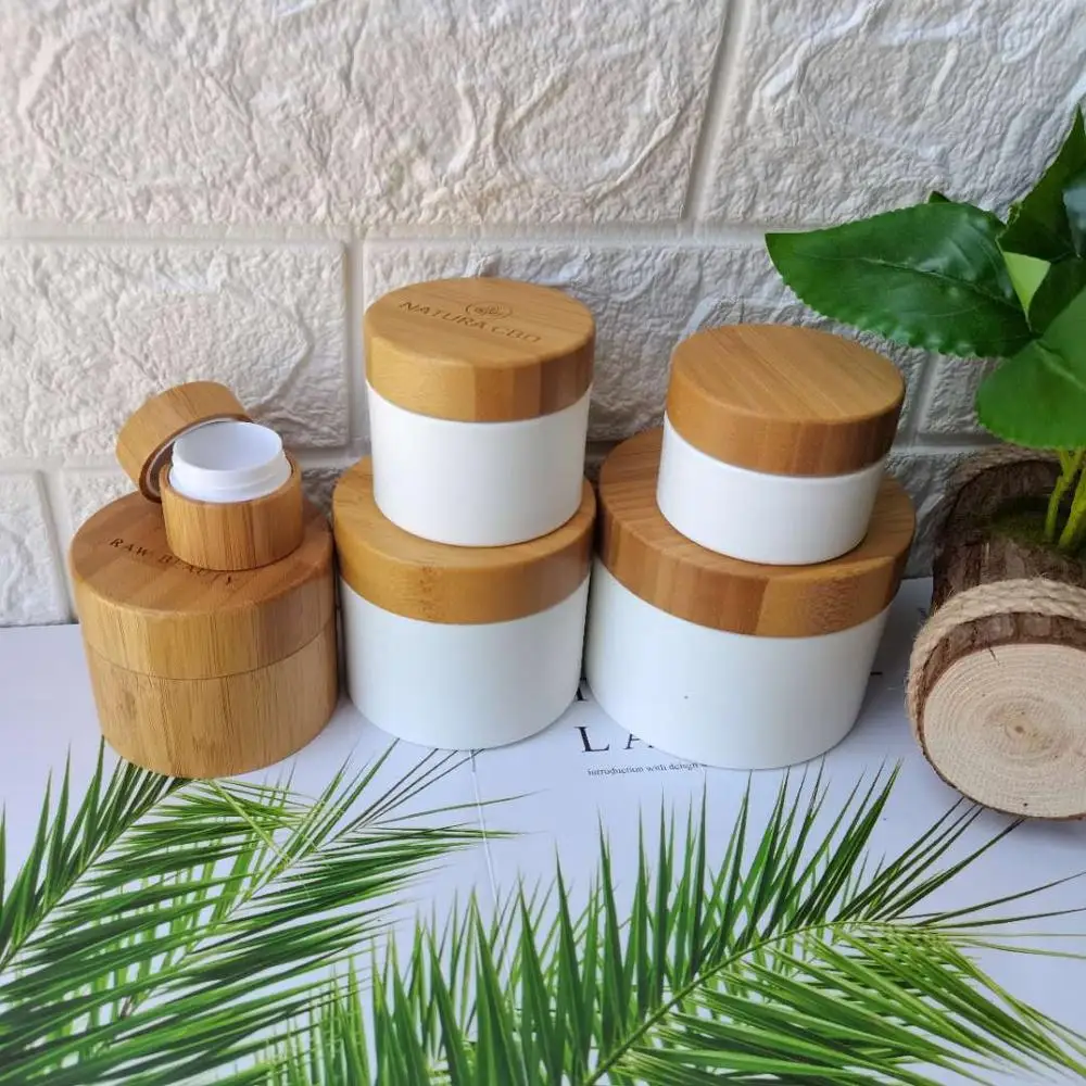 

cream jar lot 10g 30g 50g 100g 150g White PP Plastic Jar with Bamboo Lid eye cream hand cream jar