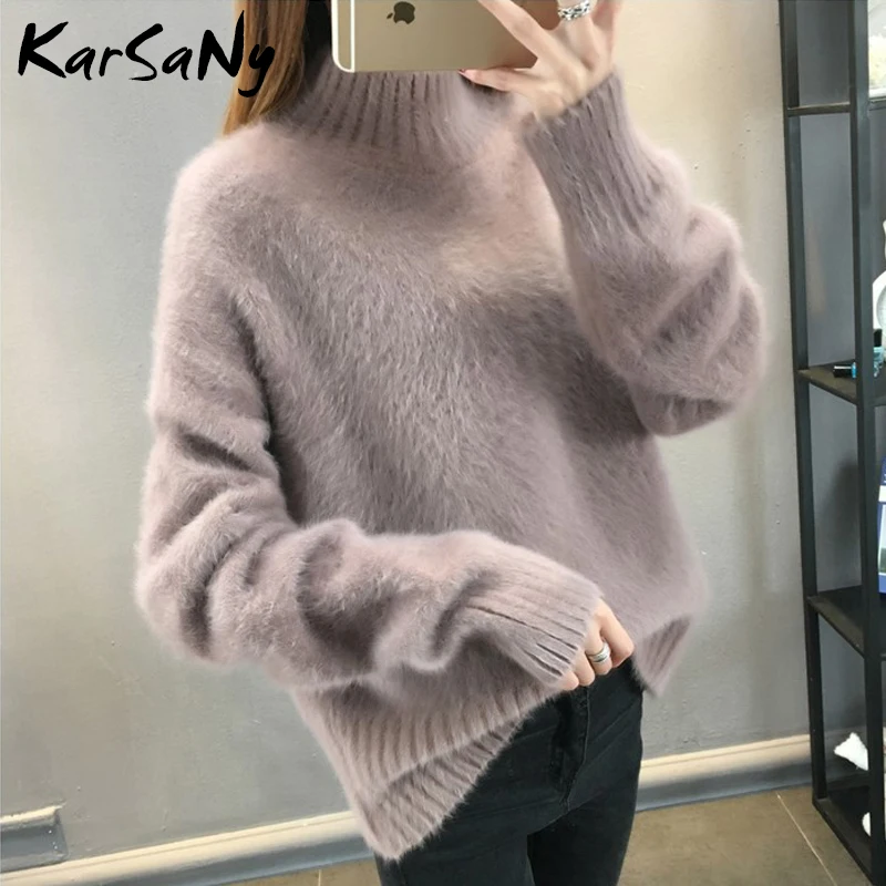 KarSaNy Winter Mink Cashmere Thick Sweater Women Jumper White Pull Femme Loose Pullover Knitted Fluffy Sweaters For Women Winter