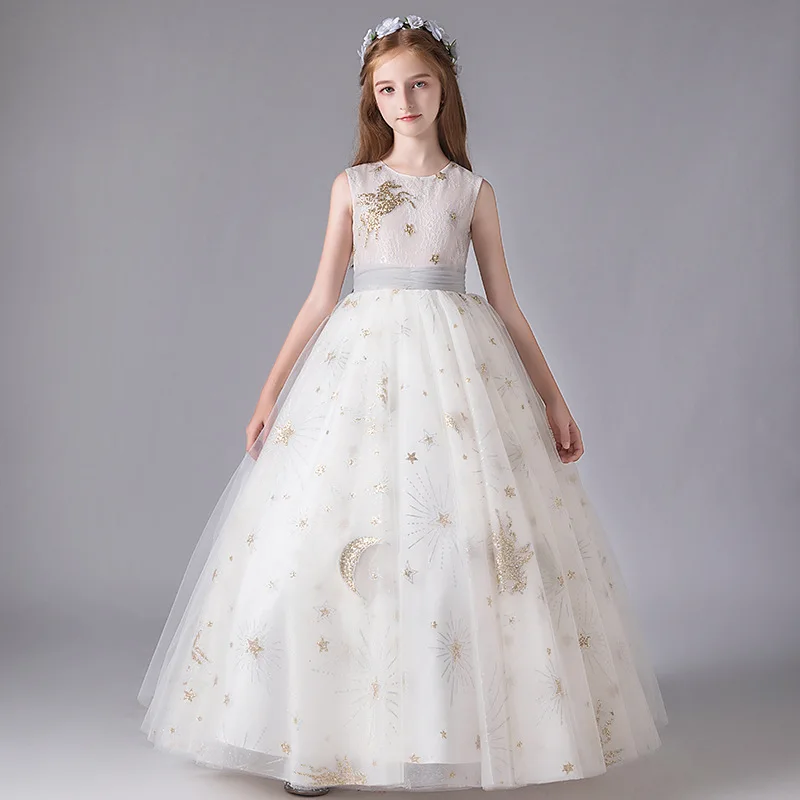 

White Lace Flower Girls Dress for Wedding Sequin Evening Children Princess Party Pageant Long Gown Kids Dresses Formal Clothes