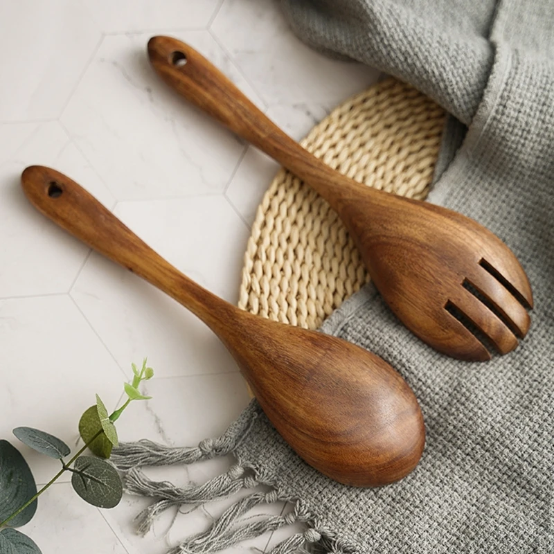 2Pcs Wooden Salad Servers Spoon Fork Set Long Handle Large Dinner Serving Cooking Untensils Cutlery Kitchen Tableware