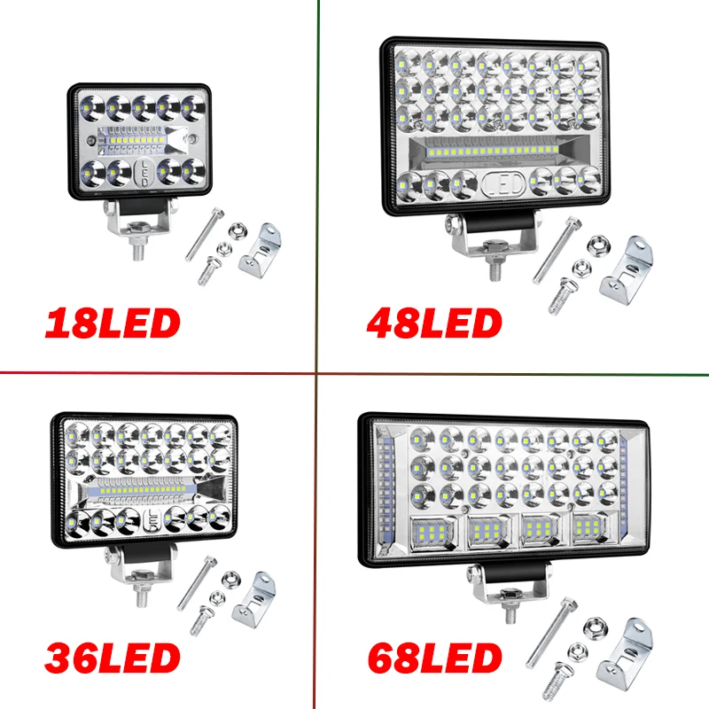LED 방수 작업 라이트 바, 홍수 스팟 콤보 운전 램프, 자동차 트럭 오프로드, 18, 36, 48/68, 200W, 2 개, 1 개 