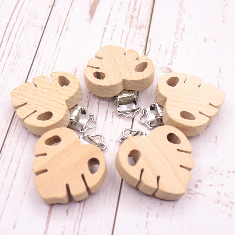 

50PCS Wooden leaf Shaped Pacifier Clips DIY Organic Eco-friendly Nature Baby Rattle Teething Grasping Wooden Toy Gift