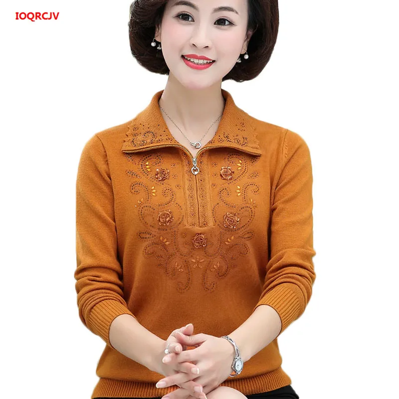 

Middle-aged Women's Sweater Spring Autumn Long-sleeved Lapel Zipper Pullover Tops 4XL Lady Casual Knit Sweater W1714